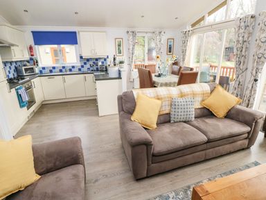 A combined kitchen and living room with brown sofas yellow pillows a dining table with chairs and large windows at The Retreat in Wisemans Bridge near Saundersfoot