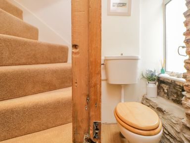 A staircase with carpet next to a small toilet with a wooden seat and stone wall at Curlews Cottage in Looe