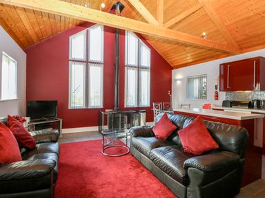 A living room with black leather sofas and red cushions a red carpet a glass coffee table a wood stove and a kitchen area in the background at Rookyard Cottage Holton near Halesworth