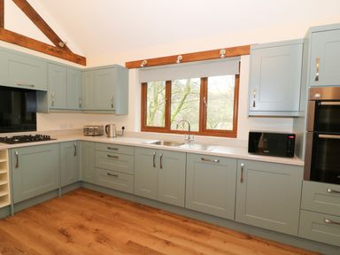 A kitchen with blue cabinets a gas stove a microwave a toaster and a window showing trees at Ploony Hill Lodge in Bleddfa