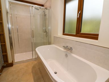A bathroom with a bathtub and a glass-enclosed shower next to a window at Ploony Hill Lodge in Bleddfa