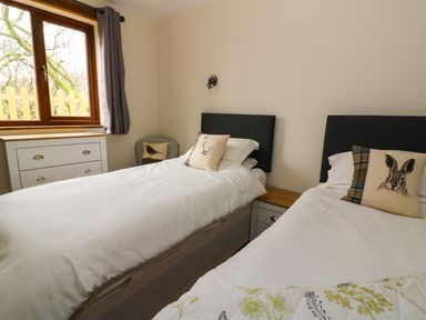 A bedroom with two single beds a window with gray curtains a white drawer unit and animal print cushions at Ploony Hill Lodge in Bleddfa