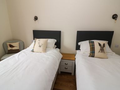 A bedroom with two single beds with animal print pillows a nightstand between beds and a patterned chair at Ploony Hill Lodge in Bleddfa
