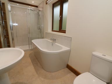 A bathroom with a bathtub shower enclosure toilet and a window at Ploony Hill Lodge in Bleddfa