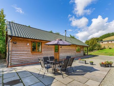 A wooden lodge with outdoor table and chairs under an umbrella on a paved patio at Ploony Hill Lodge in Bleddfa