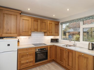 A kitchen with wooden cabinets a white refrigerator an oven a microwave a sink and a large window at Jasmine Cottage Lesbury near Alnmouth