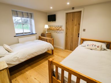 A bedroom with two single beds a wooden door a small chest of drawers with a lamp and a TV mounted on the wall at Horseshoe Cottage in Abersoch