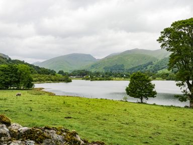A lake with green hills and trees surrounding it and a distant village at Ramblers Roost in Grasmere