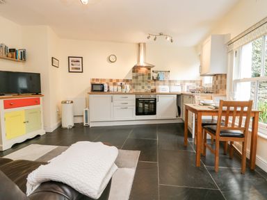 A kitchen and dining area with a wooden table and chairs a television on a colorful cabinet and kitchen appliances at Ramblers Roost in Grasmere