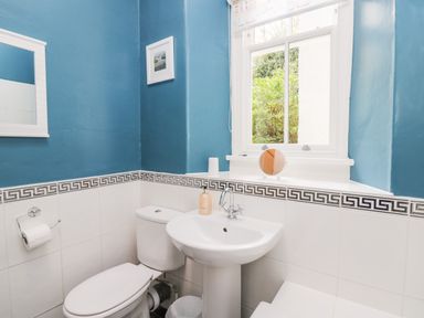 A bathroom with a toilet sink mirror and window at Ramblers Roost in Grasmere