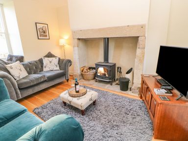 A living room with two sofas a wood burning stove and a television on a cabinet at East Farmhouse Cottage Humshaugh near Hexham