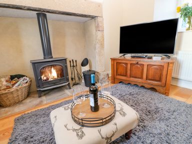 A living room with a wood burning stove basket with logs a wooden cabinet with a television and a tray with a wine bottle and glasses on a cushioned stool at East Farmhouse Cottage in Humshaugh near Hexham