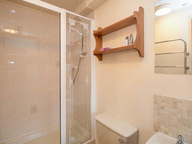 A bathroom with a shower enclosure toilet wooden wall shelf with toiletries and a small mirror at Riven Oak in Lyth Valley near Levens