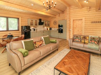 A living area with two sofas, a wooden coffee table, kitchen cabinets, a black refrigerator, and a dining table with chairs at Carlton Lodge 1 in Stokesley