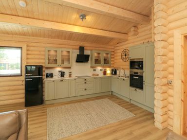 A kitchen with green cabinets a black refrigerator and oven in a wooden log cabin at Carlton Lodge 1 Stokesley