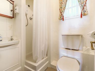 A bathroom with a shower, toilet, sink, and a window with butterfly curtains at Clooneavin Apartment 8 Lynmouth near Lynton