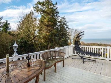 An outdoor deck with a wooden table holding a bottle and two glasses a curved wooden bench a black hanging chair and trees in the background at Clearview Lodge in Borth