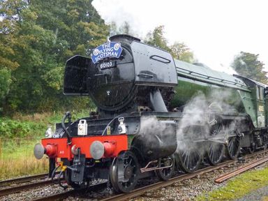 A steam locomotive train named The Flying Scotsman on railway tracks surrounded by trees