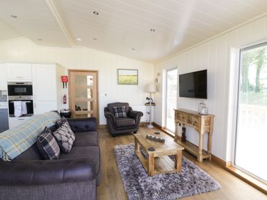 A living room with a sofa armchair coffee table TV and kitchen area at Squirrel Lodge in Gargrave near Skipton