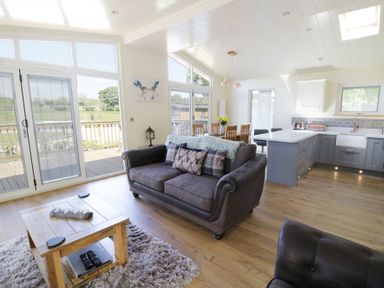 An open plan living room and kitchen with a sofa wooden dining table and kitchen island at Squirrel Lodge in Gargrave near Skipton