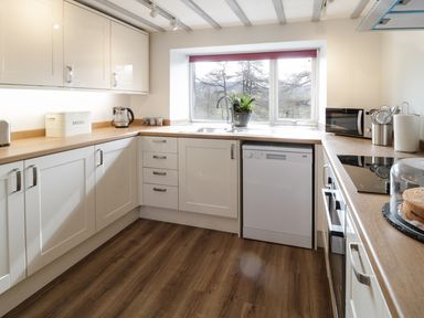 A kitchen with white cabinets wooden countertops a window with a plant a dishwasher a microwave an electric stovetop and a cake under a glass dome at Bryndan in Machynlleth