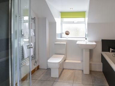 A bathroom with a toilet sink bathtub shower and towel rack at Bryndan in Machynlleth