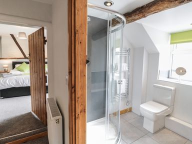 A bathroom with a corner shower enclosure and toilet next to a window and a bedroom visible through an open wooden door at Bryndan in Machynlleth