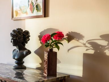 A marble top table with a dark bust sculpture and a vase with red flowers casting shadows on a wall at Nyth Y Wennol in Abersoch