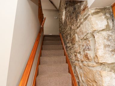 A narrow carpeted staircase with wooden handrail and exposed stone wall at Edendale in Longframlington near Alnwick