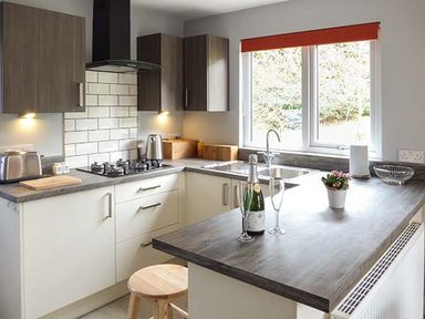 A kitchen with countertops cabinets a gas stove toaster kettle champagne bottle and glasses at Park Brook Retreat in Scorton