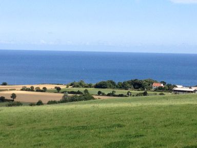 A coastal landscape with grassy fields trees and a few buildings near the sea at Cottage Val in Ravenscar