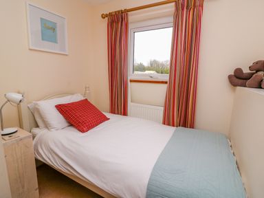 A small bedroom with a single bed a bedside table with a lamp striped curtains and a window at Bank House in Capel Iwan near Newcastle Emlyn