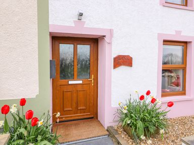 A wooden front door with frosted glass panels and flowers on either side at Bank House in Capel Iwan near Newcastle Emlyn