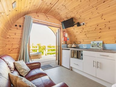 A small wooden living space with a leather sofa kitchen area with appliances and an open door leading to a deck with a hot tub at Two Hoots in Northop