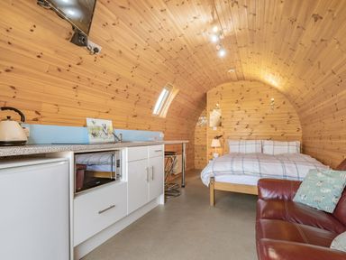 A wooden pod cabin interior with a kitchenette bed and sofa at Two Hoots in Northop