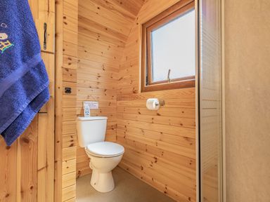 A bathroom with a toilet a window a shower area and a blue towel hanging on a wooden wall at Two Hoots in Northop