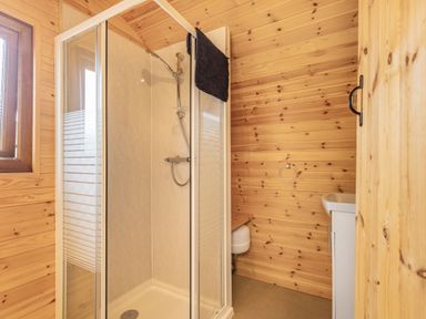 A bathroom with a shower enclosure a towel ring a small sink and wooden panel walls at Two Hoots in Northop