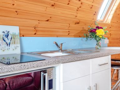 A kitchen counter with a sink and faucet flowers in a vase and a decorative board with farm animals at Ewe Two in Oakenholt near Northop
