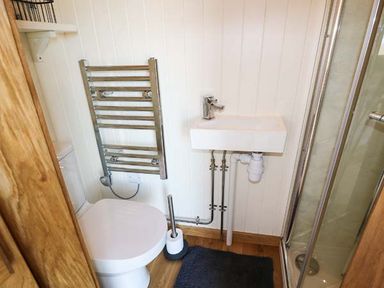 A small bathroom with a toilet a wall-mounted sink a heated towel rail and a glass shower enclosure at Llety'r Bugail in Holyhead