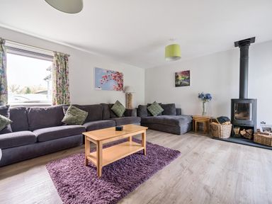 A living room with a gray sectional sofa green cushions wooden coffee table purple rug and a wood stove at Maple - Woodland Cottages in Bowness-on-Windermere
