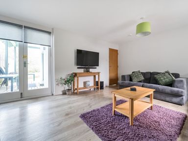 A living room with a gray sofa with cushions a wooden coffee table on a purple rug a mounted flat screen TV on a wooden console and glass doors at Maple - Woodland Cottages in Bowness-on-Windermere