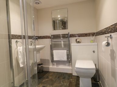 A bathroom with a shower, sink, toilet, towel rail, mirror, and toilet paper holder at Rhos Helyg in Penysarn near Amlwch
