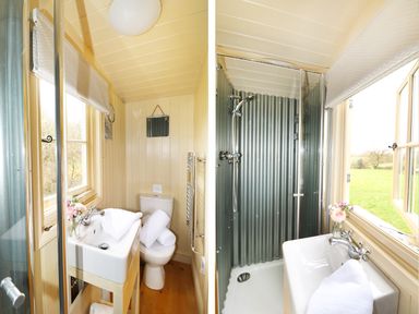 A bathroom with a sink toilet and shower with corrugated metal walls at Bramble Burlawn near Wadebridge