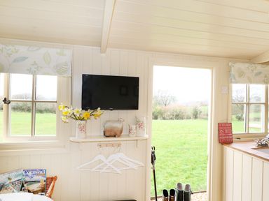 A wall-mounted television above a shelf with decorative pitchers and a sheep ornament in a room with windows and an open door showing a grassy field at Bramble Burlawn near Wadebridge
