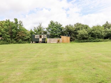 A small building with steps and a fenced area on a grassy field with trees in the background at Bramble Burlawn near Wadebridge