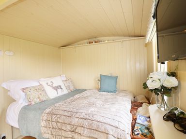 A bedroom with a bed cushions a blanket a vase with flowers and a wall mounted television at Willow Burlawn near Wadebridge