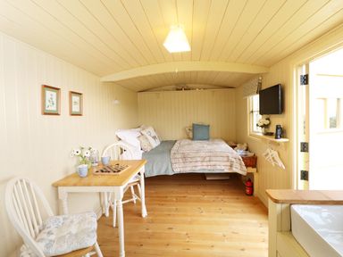 A small room with a bed a table with two chairs and a wall-mounted TV at Willow Burlawn near Wadebridge