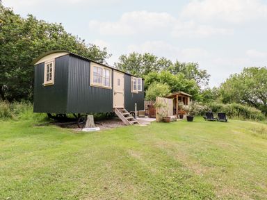 A green shepherds hut with steps and a small outdoor seating area on grass at Willow Burlawn near Wadebridge