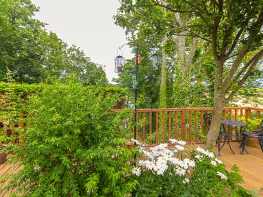 A garden deck with white flowers green shrubs bird feeders a tree and a metal table with chairs at Estuary View in Warkworth