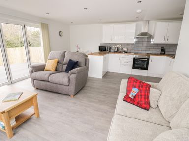 An open plan living room and kitchen with two sofas and a coffee table at Beechnut Cottage in Tewkesbury